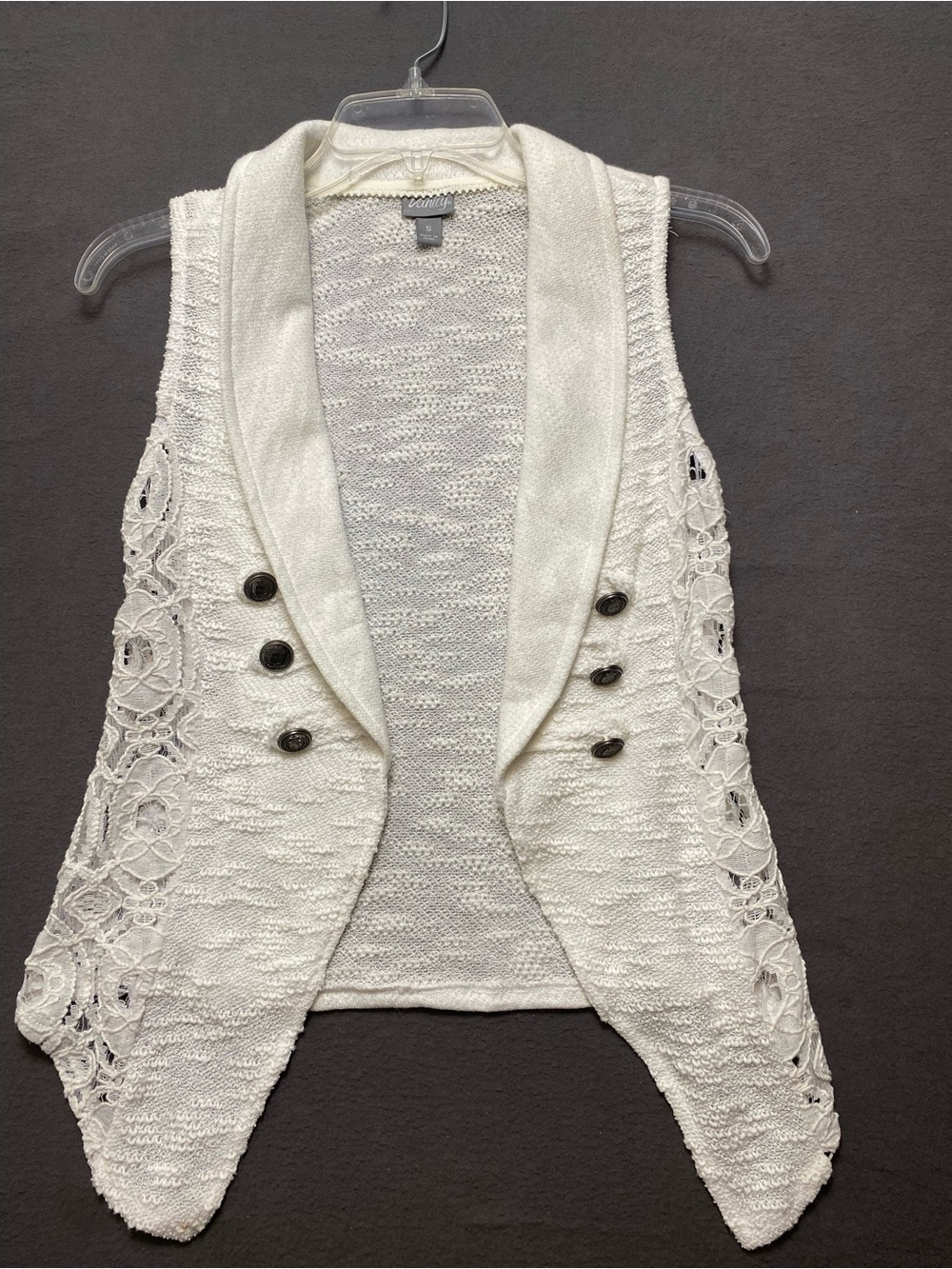 Vanity Small Ivory Open-Front Knit Vest with Lace Sides